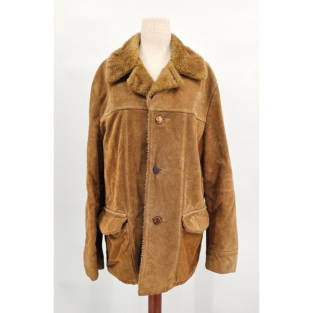 Vtg Sears The Leathershop Men's 40 Tan Suede Leather Jacket w/ Faux Fur Lining
